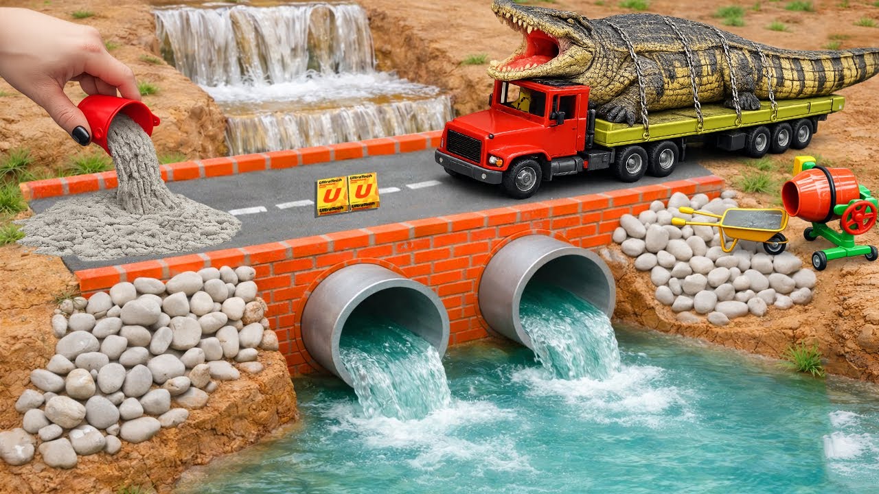 DIY Mini Tractor Builds a Strong Concrete Bridge with 2 Drainage Culverts for Heavy Trucks