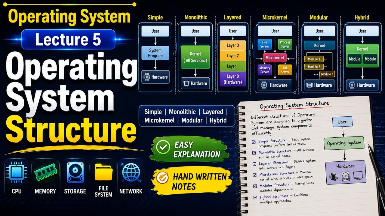 Operating System structure | Simple |  monolithic | layered | Microkernel | modular | hybrid 