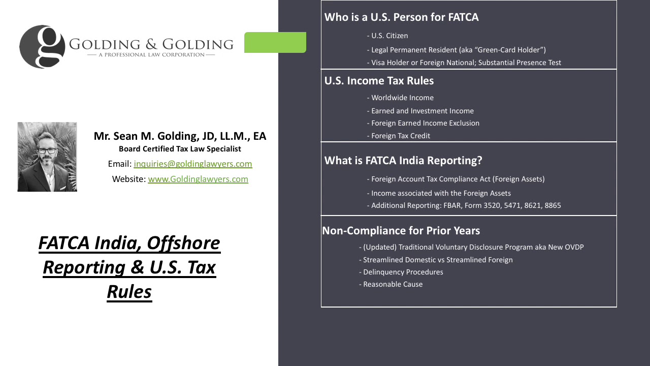 FATCA India: 2020 IRS Update Tax & Offshore Reporting - Indian Assets, Accounts Investments & Income