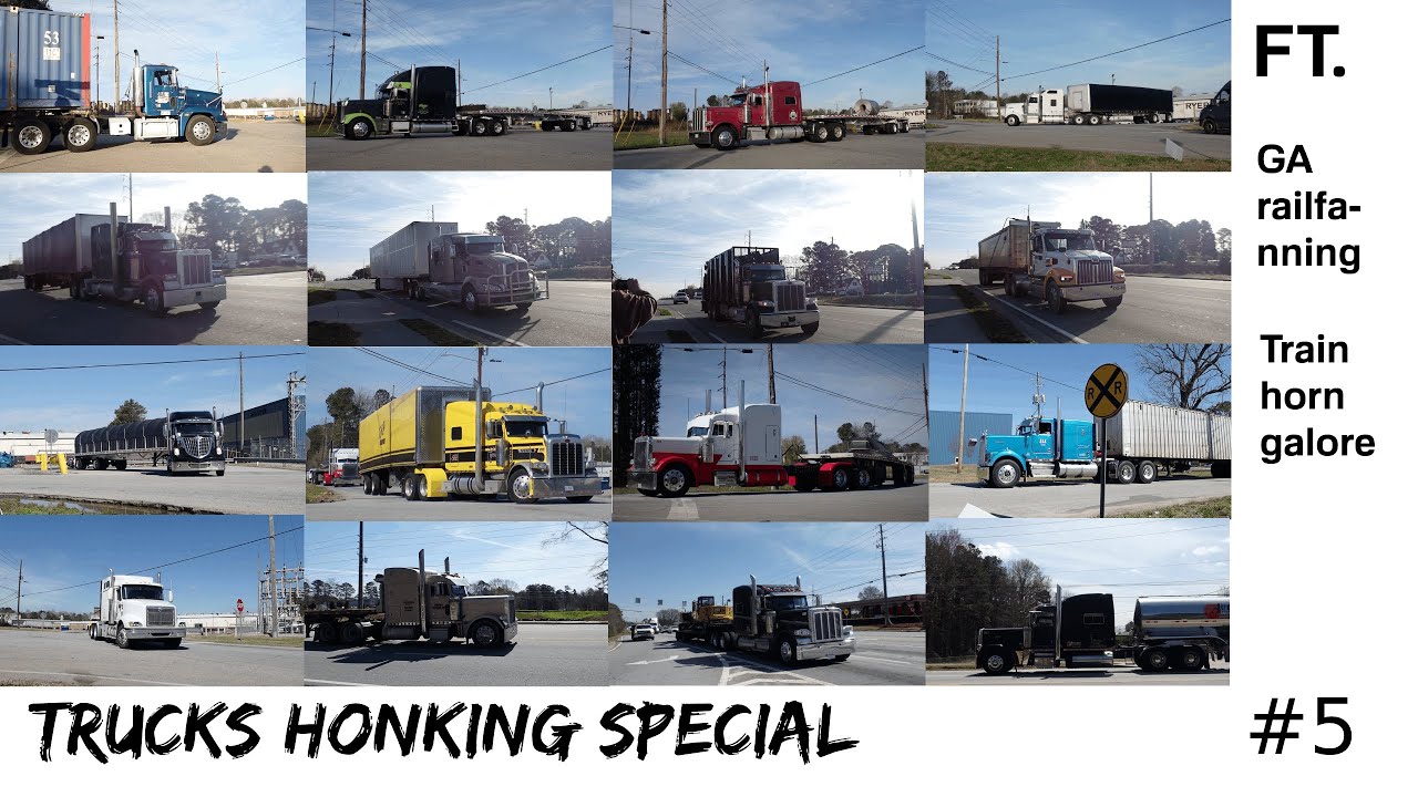 Trucks honking for 3 minutes straight #5 (Peterbilt & Train horn galore!!)