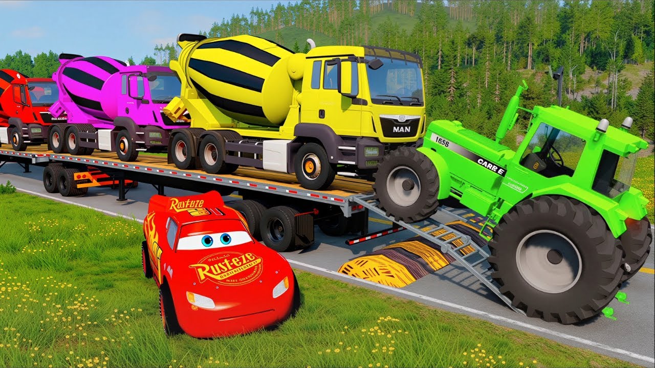 TRANSPORTING PIXAR CARS & FRUITS WITH COLORED & JOHN DEERE vs CLAAS vs TRACTORS - BeamNG.drive #983