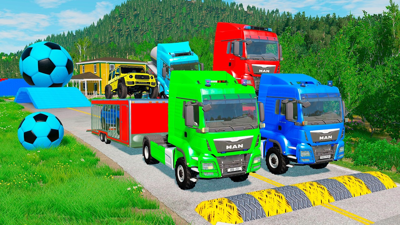 Triple Flatbed Trailer McQueen Transportation with Truck - Speedbumps vs Cars vs Train - BeamNG 0131