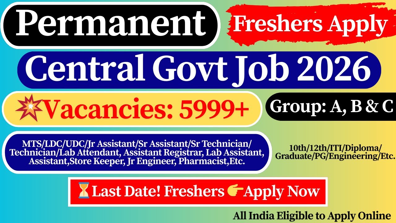 ✅Freshers Apply Fast! Central Govt Group A, B & C New Job 2026 | Central Govt Permanent Vacancy 2026