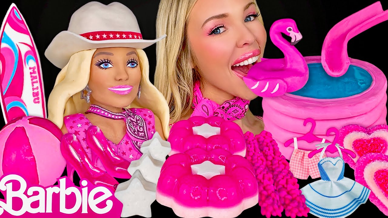 ASMR BARBIE DESSERTS MUKBANG, Pool Cake, Malibu Surfboard, Star Jelly, Flower Cookies Giveaway 먹방