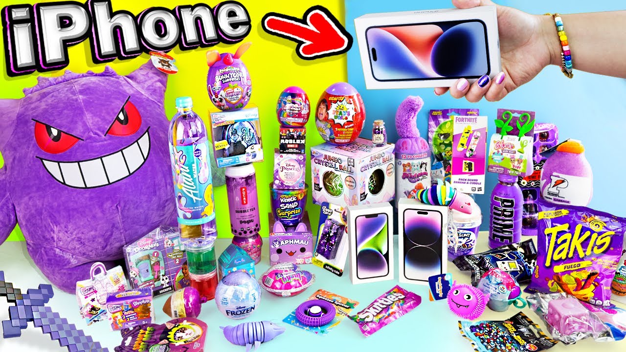 Abriendo SÓLO lo Color MORADO 💜 iPhone 14, Pokemon, Minecraft, Squishmallows - Hellomaphie en POPU
