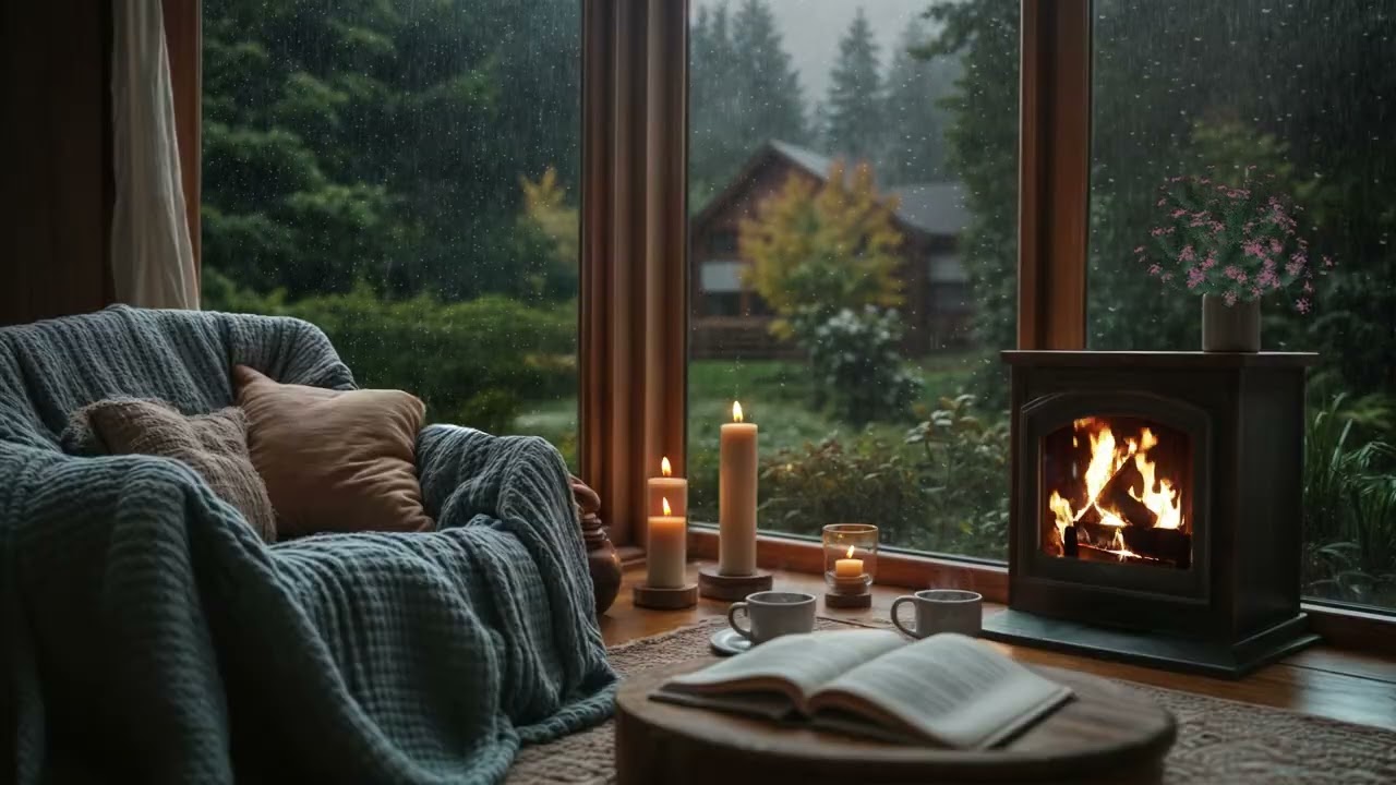 Rainy Cabin Ambience 🌧️ Fireplace & Coffee | Rain Sounds for Deep Sleep, Relax & Focus