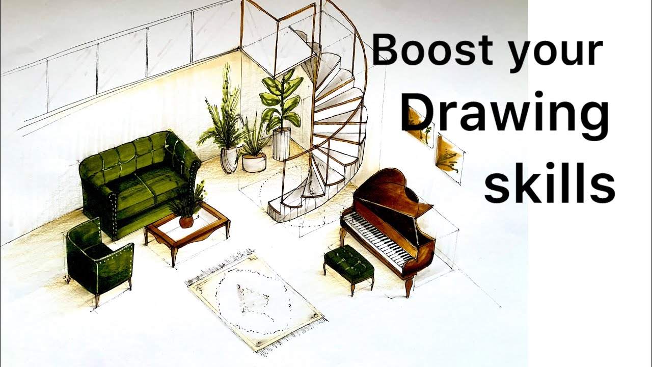 Interior design sketch : stairs in isometric view 🤎💚