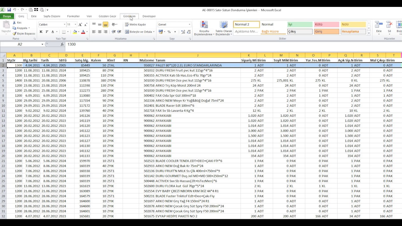Excel Dersleri - Satır Sütun Dondurma İşlemleri