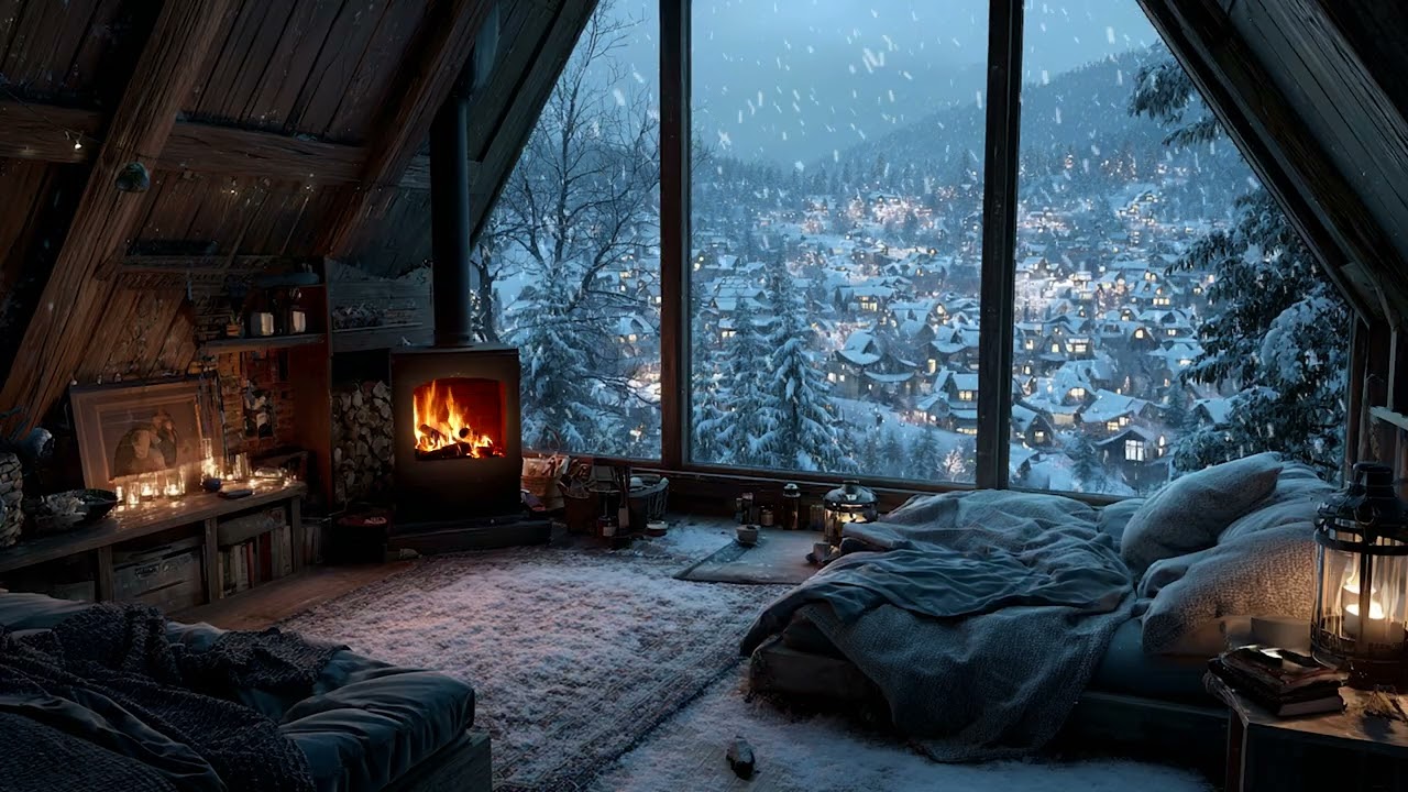 Frosted Window Framed by Falling Snow Beside a Quiet and Cozy Bed | Calm Valley Sleep Haven