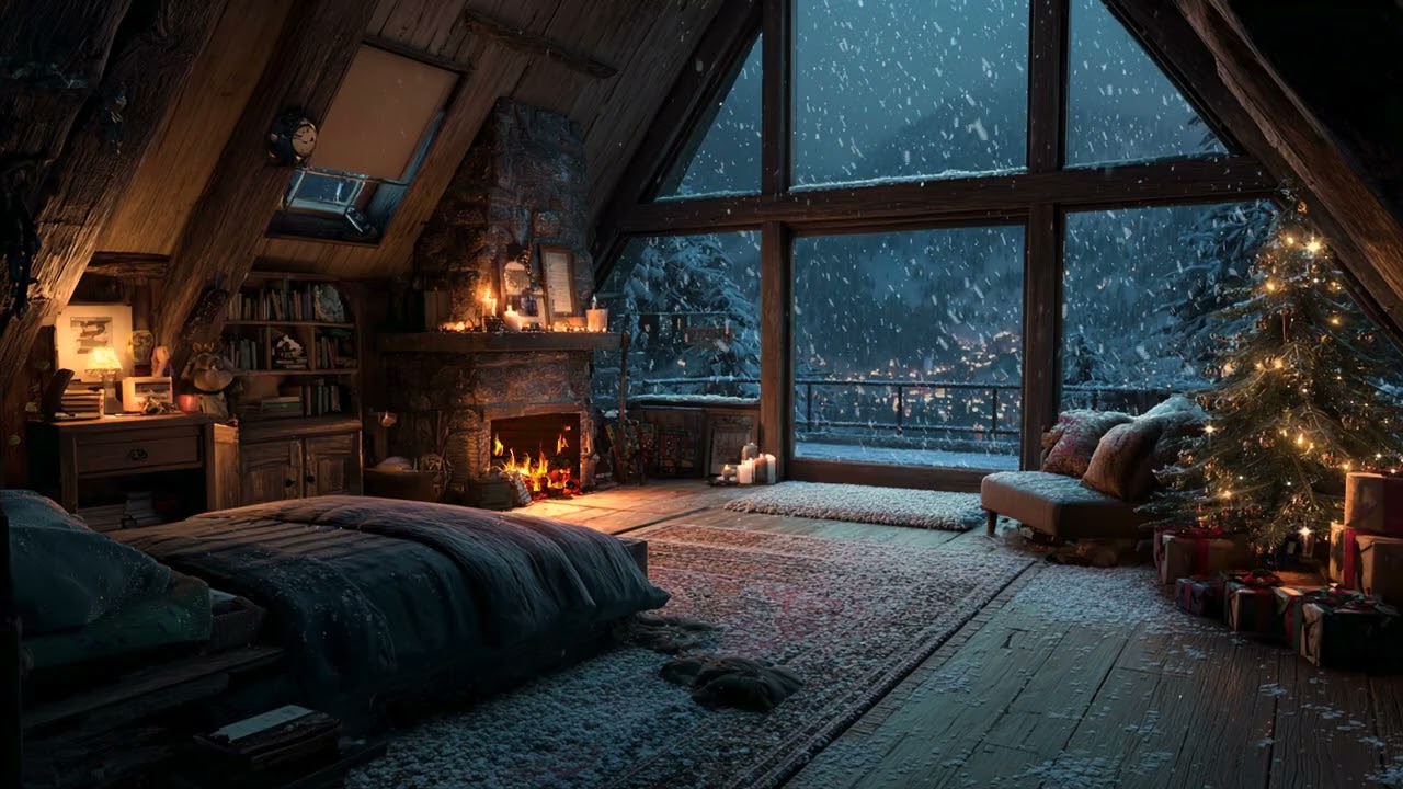 Winter Night Fireplace Glow ❄️ Soft Snowfall Ambience for Relaxation, Calm Mind & Restful Sleep