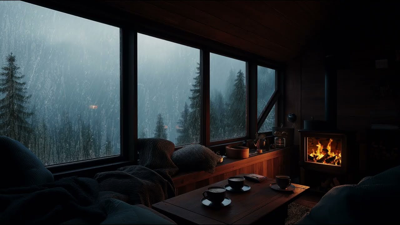 Storm Rain on Windows, Warm Fire in a Forest Cabin