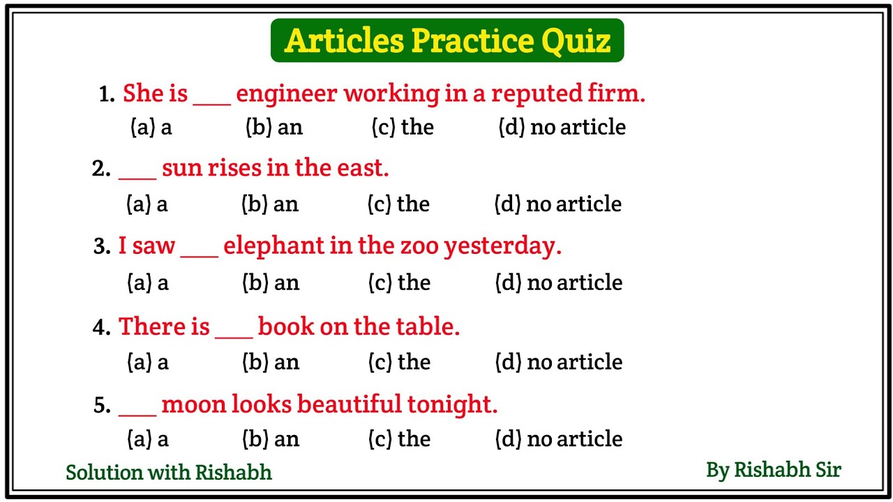 Articles A An The questions | Articles A An The in English Grammar | Articles Practice Set Exercise