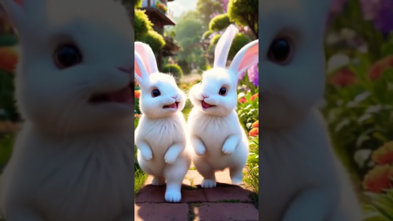 Rabbits walking in the garden 