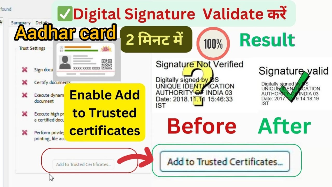 How To Validate Digital Signature in Aadhar in Hindi|Add to Trusted Certificates Not Working in PDF