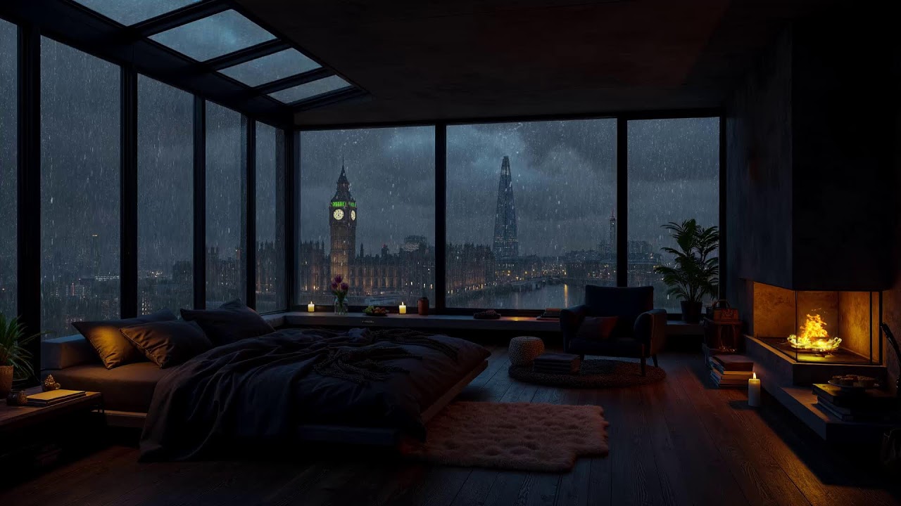 Gentle Night Rain Over LonDon City 🌧️Cozy Apartment With Relaxing Rain Sounds & Fireplace For Sleep