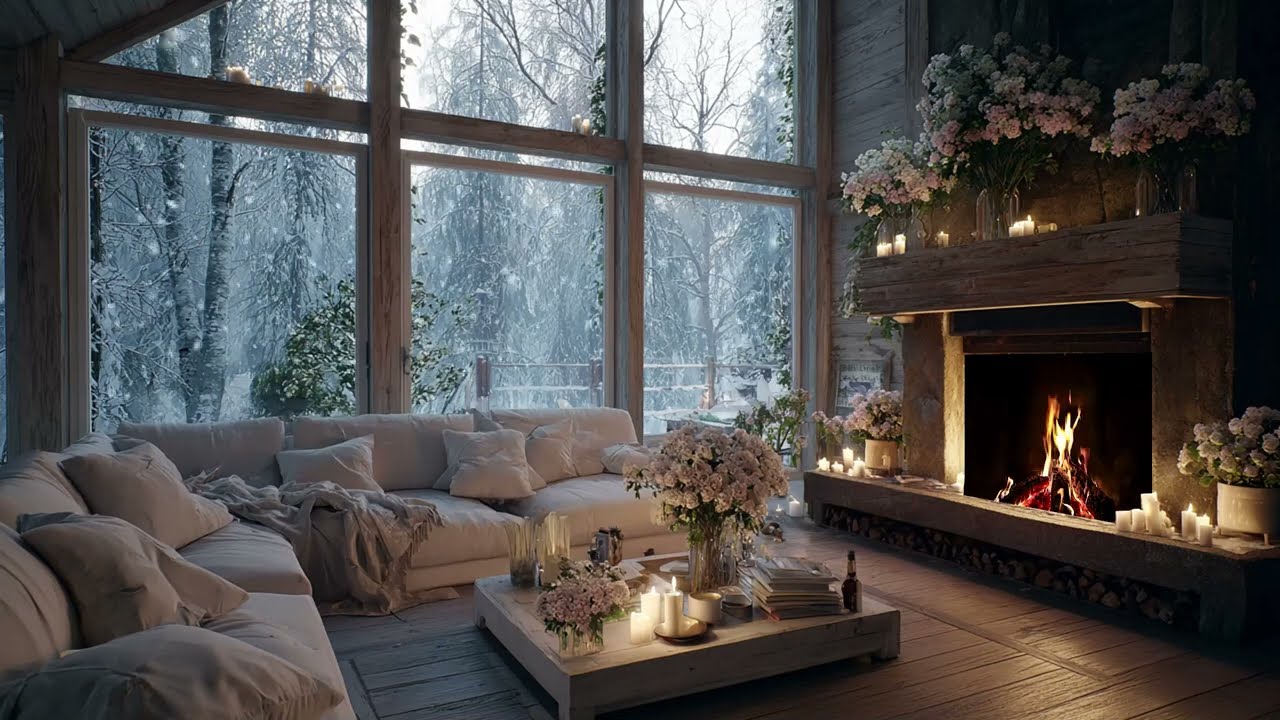 Snow Falling Gently Fire Burning With Soft Piano For Deep Comfort And Rest