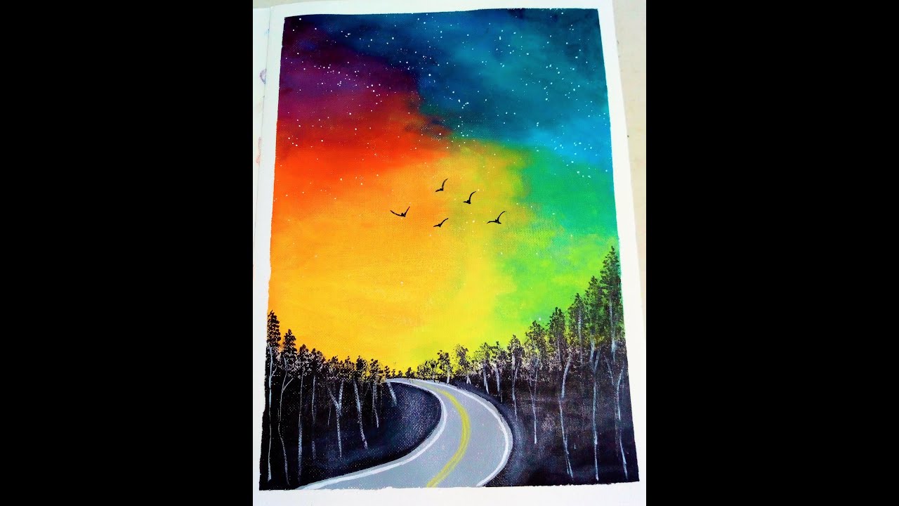 Rainbow Scattered Sky Scenery/Rainbow color blending Technique #acrylicpainting #skyscenery