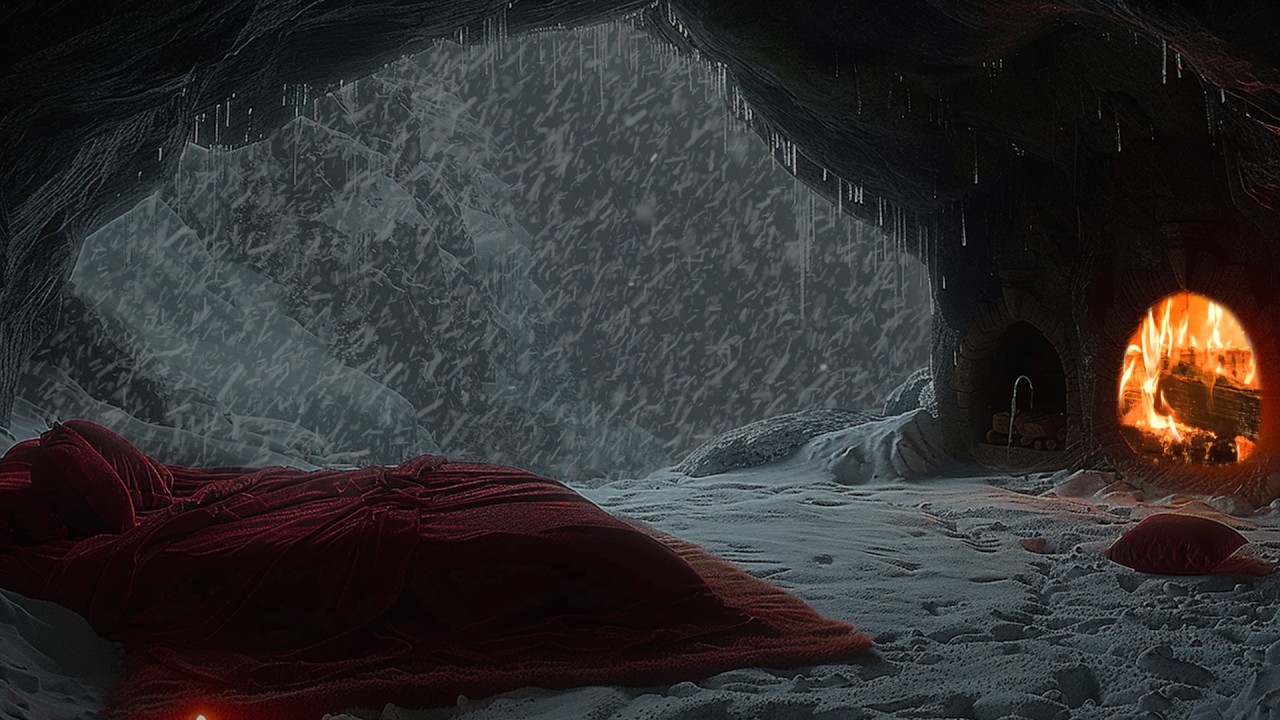 Warm Cave in a Cold Snowstorm | ASMR - Soothing Fireplace Sounds for Perfect Rest and Relaxation