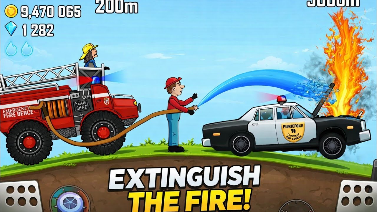 Hill Climb Racing - FIRE TRUCK Rescue Mission on HIGHWAY - Big Fire in Traffic Jam GamePlay