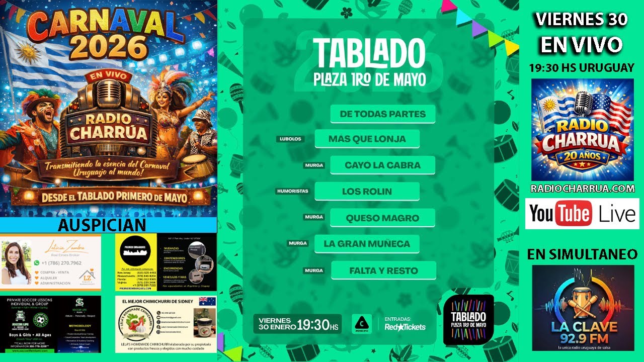CARNAVAL 2026 DESDE EL PRIMERO DE MAYO VIERNES 30/1/2026 19:30 HS URUGUAY
