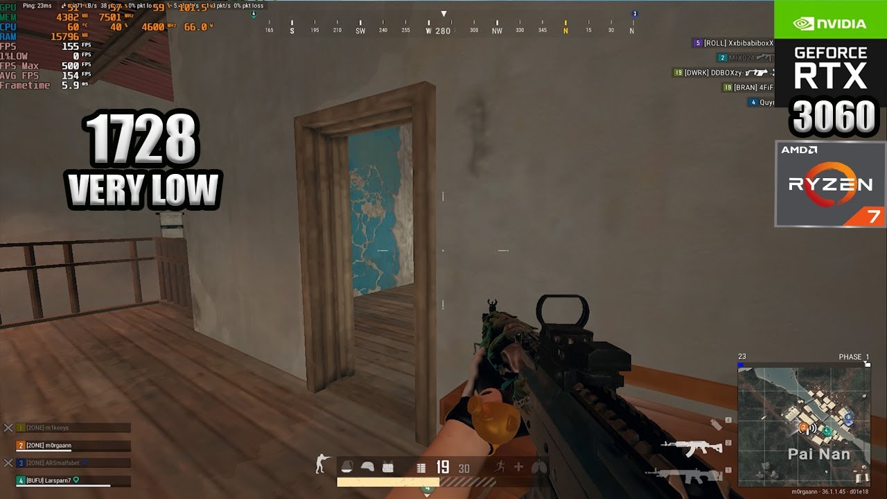PUBG : RTX 3060 12 GB + Ryzen 7 5700X + 32GB RAM : 1728 VERYLOW