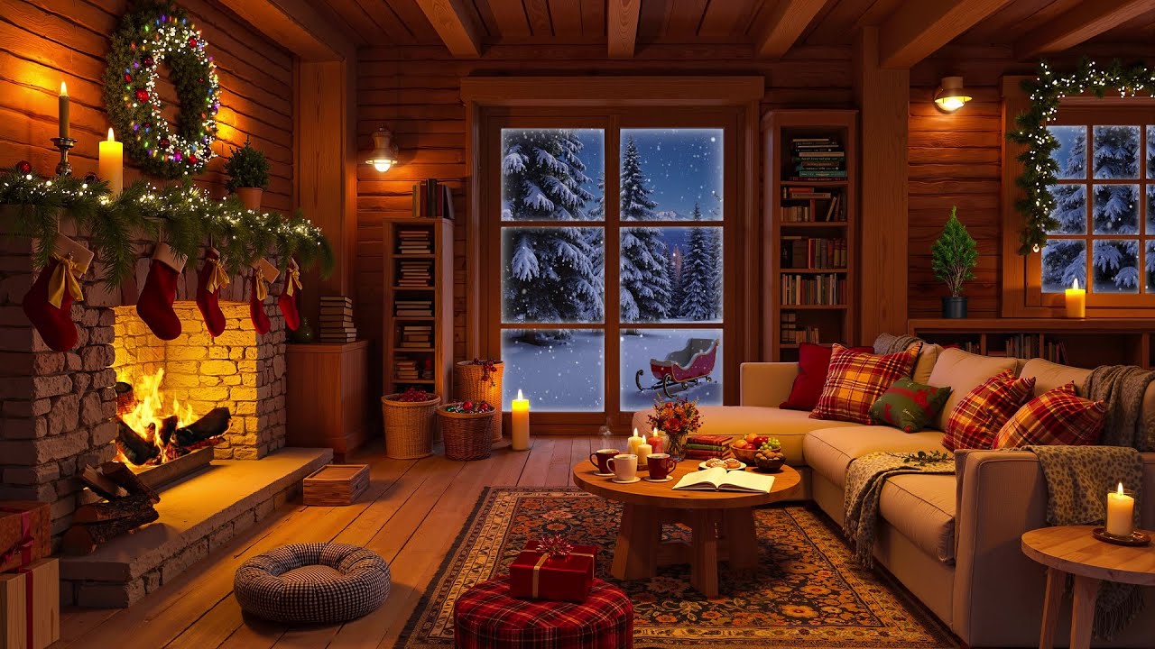 Cozy Christmas Cabin Vibes ☃️ Warn Fireplace Sounds and Soft Jazz Piano for Peaceful Mood