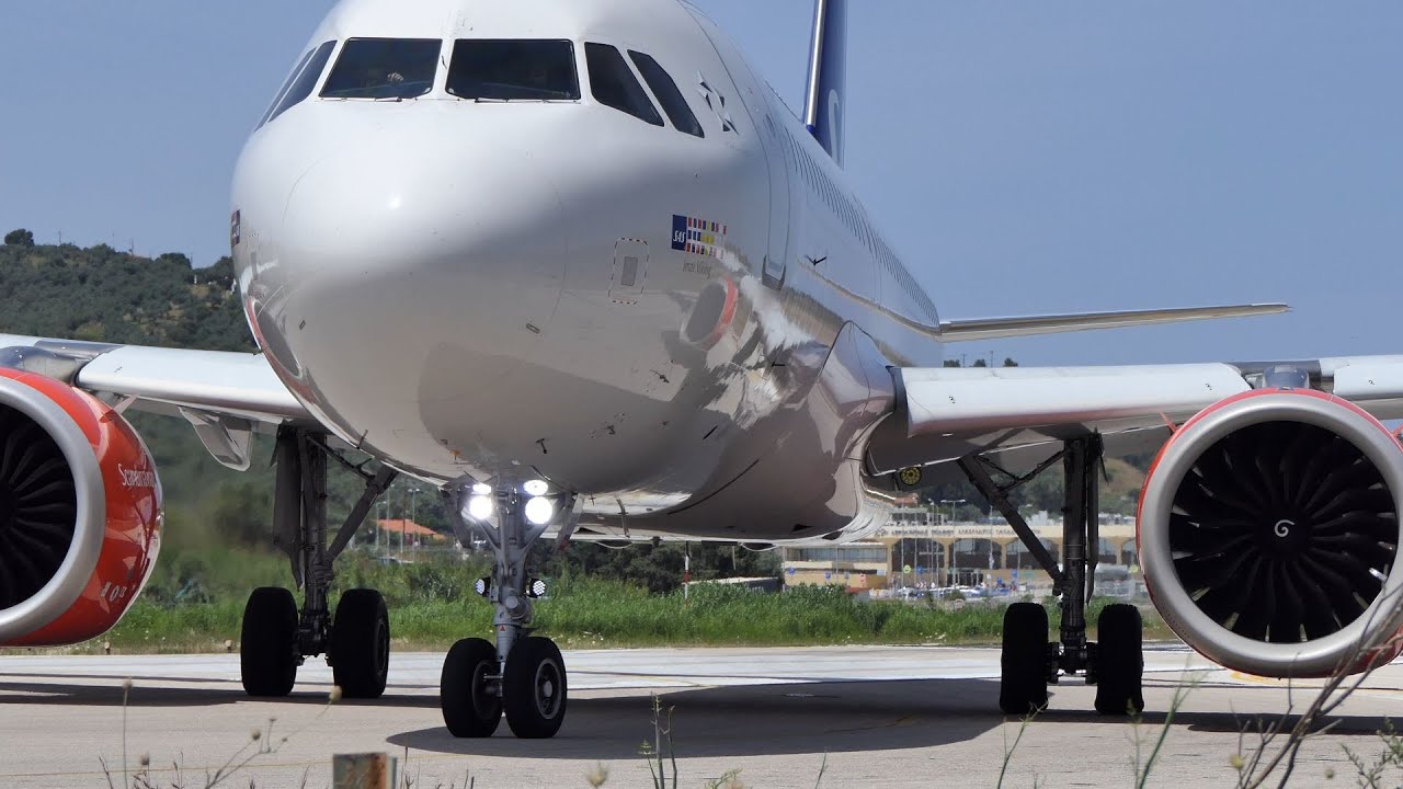 Windy, very low and short landing - blasting take off - SAS Airbus A320neo from/To Stockholm