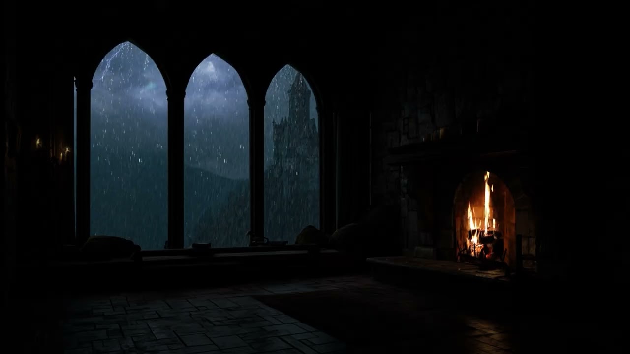 Rainy Night in a Castle Corner 🌧️🔥 | Heavy Rain & Thunderstorm Ambience for Deep Sleep