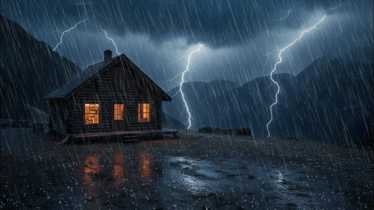 Dark Mountain Cabin in Heavy Rain & Thunder 🌧️⚡ Deep Night Storm Sounds for Sleep