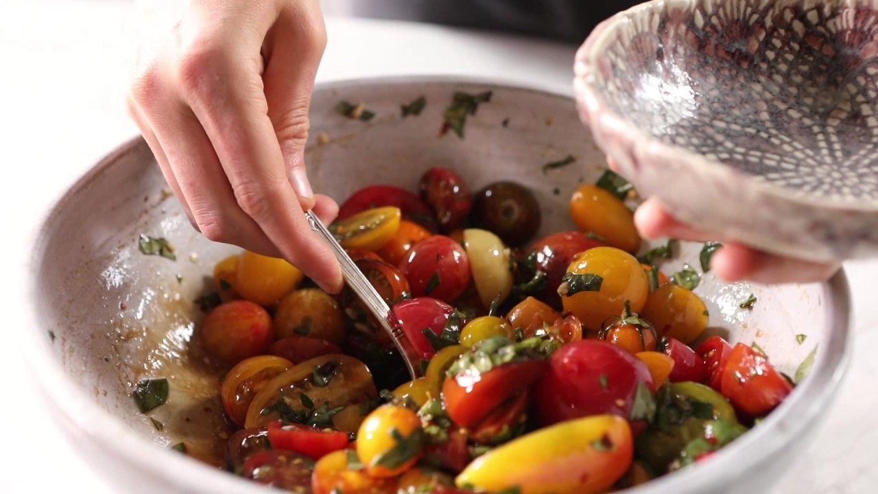 Marinated Cherry Tomatoes with Burrata + Toast
