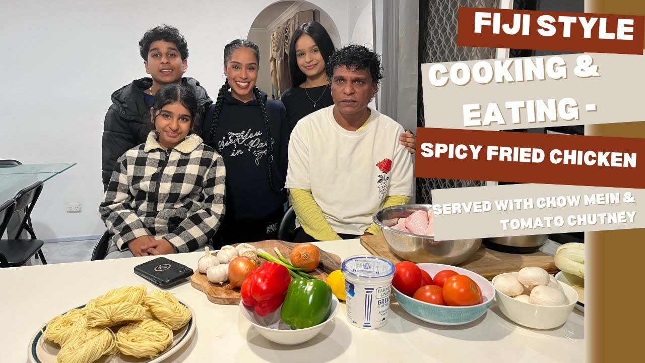 Fiji Style Cooking & Eating - spicy fried chicken served with chow mein and tomato chutney