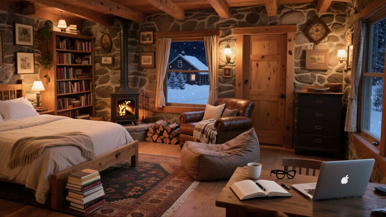 Deep Sleep Sounds: Winter Cabin with Crackling Fireplace & Snowstorm for Insomnia Cure