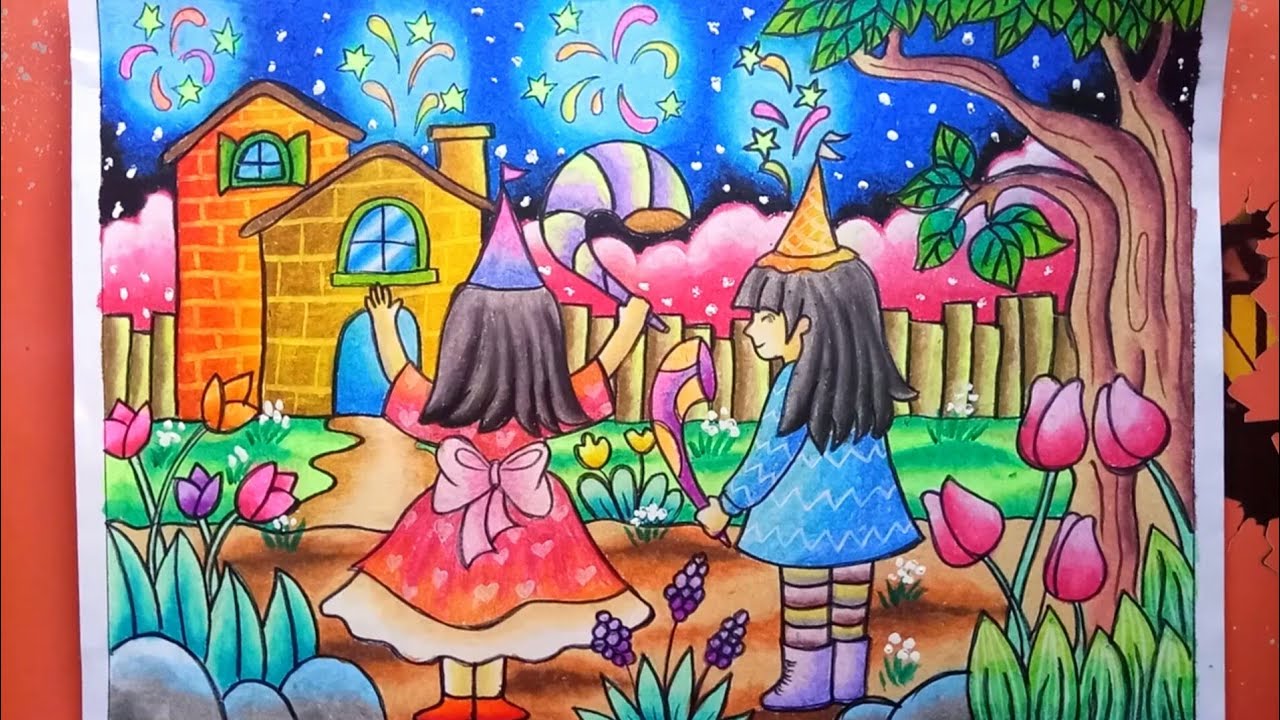 Tahun Baru 2019 | Menggambar dan mewarnai tema Tahun baru | Drawing New year Scenery