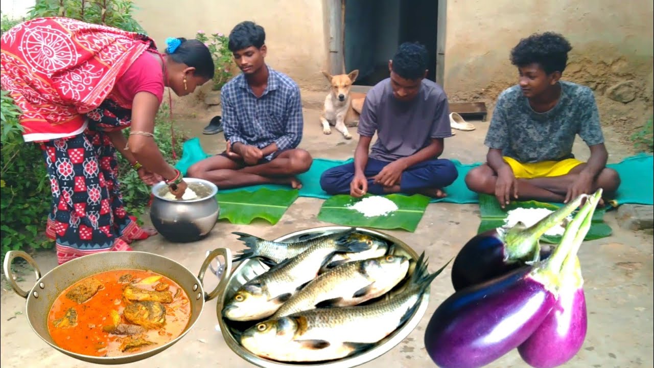 SMALL FISH curry with BRINJAL cooking in traditional method by tribe family l Village life