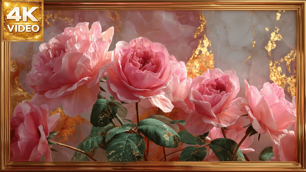 Rosas Rosadas Elegantes en Marco Dorado | Arte Floral 4K para TV | Pantalla Estática Sin Música