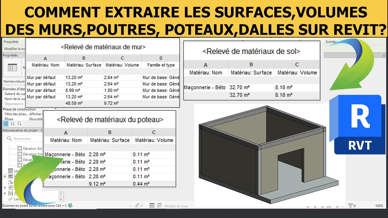 Comment extraire les surfaces, volumes des murs, poutres, poteaux, dalles sur revit ?
