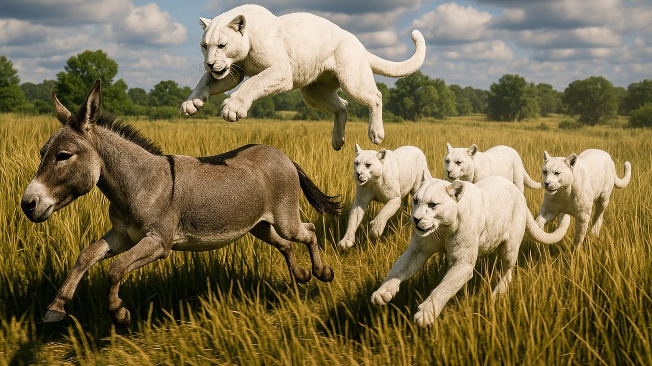 The donkey is chased by five hungry panthers