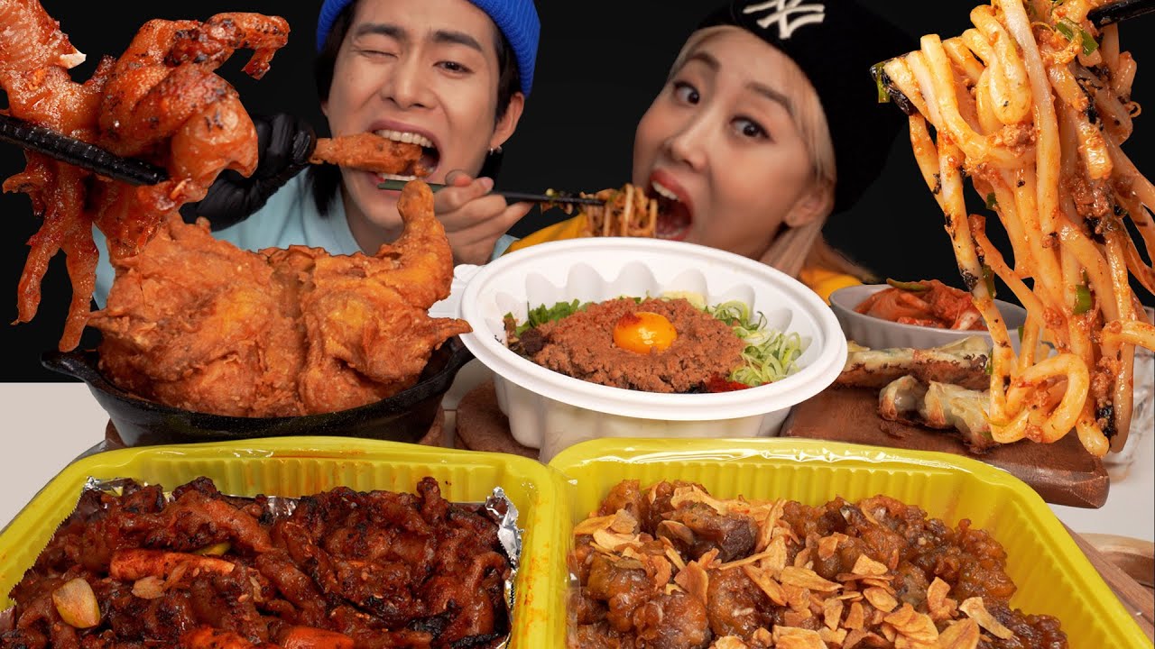 SUB)ASMR MUKBANG 드디어 돌아온 500만뷰 나온 각자먹방 2탄!! 옛날통닭+무뼈닭발+닭똥집+마제소바+교자 Fried chicken+boneless ChickenFeet