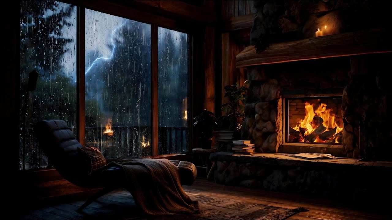 Warm Fireplace Inside • Rainstorm & Distant Thunder Outside | Quiet Night