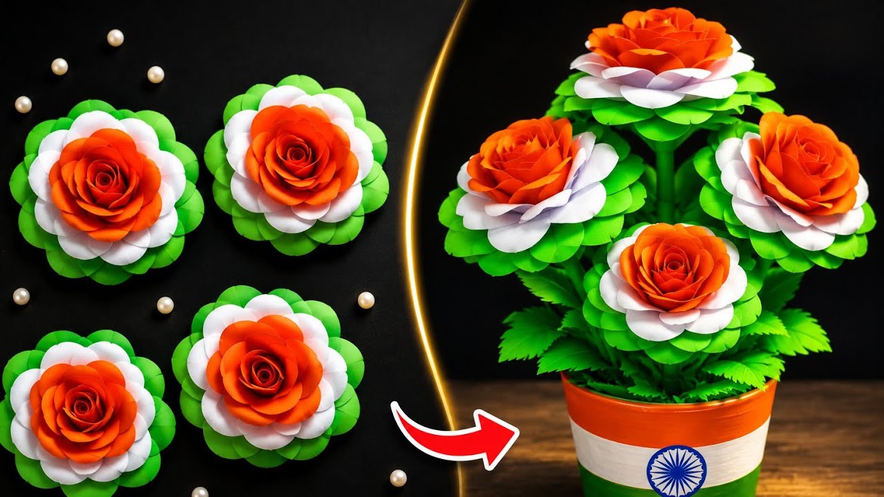 🇮🇳 Independence Day Special Paper Flower Making Idea | DIY Tricolour Paper Flower For Home Decor 💫