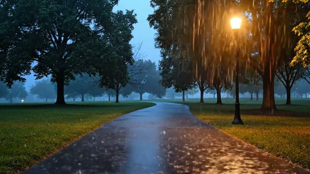 Peaceful Rainy Night Park Ambience Under Warm Street Lamp for Deep Sleep and Relaxation