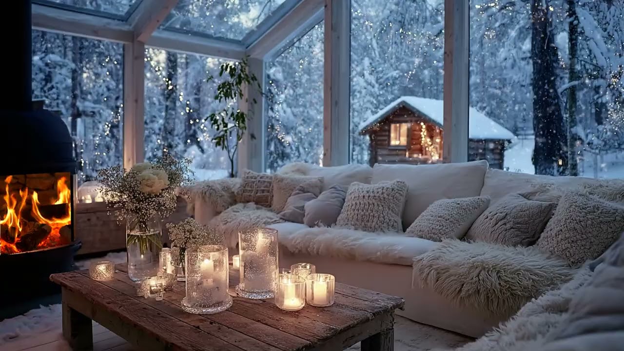 ❄️ Winter Calm Piano Music | White Lounge with Snowfall ( 5 Hours ) | Sleep Study Work Healing Relax