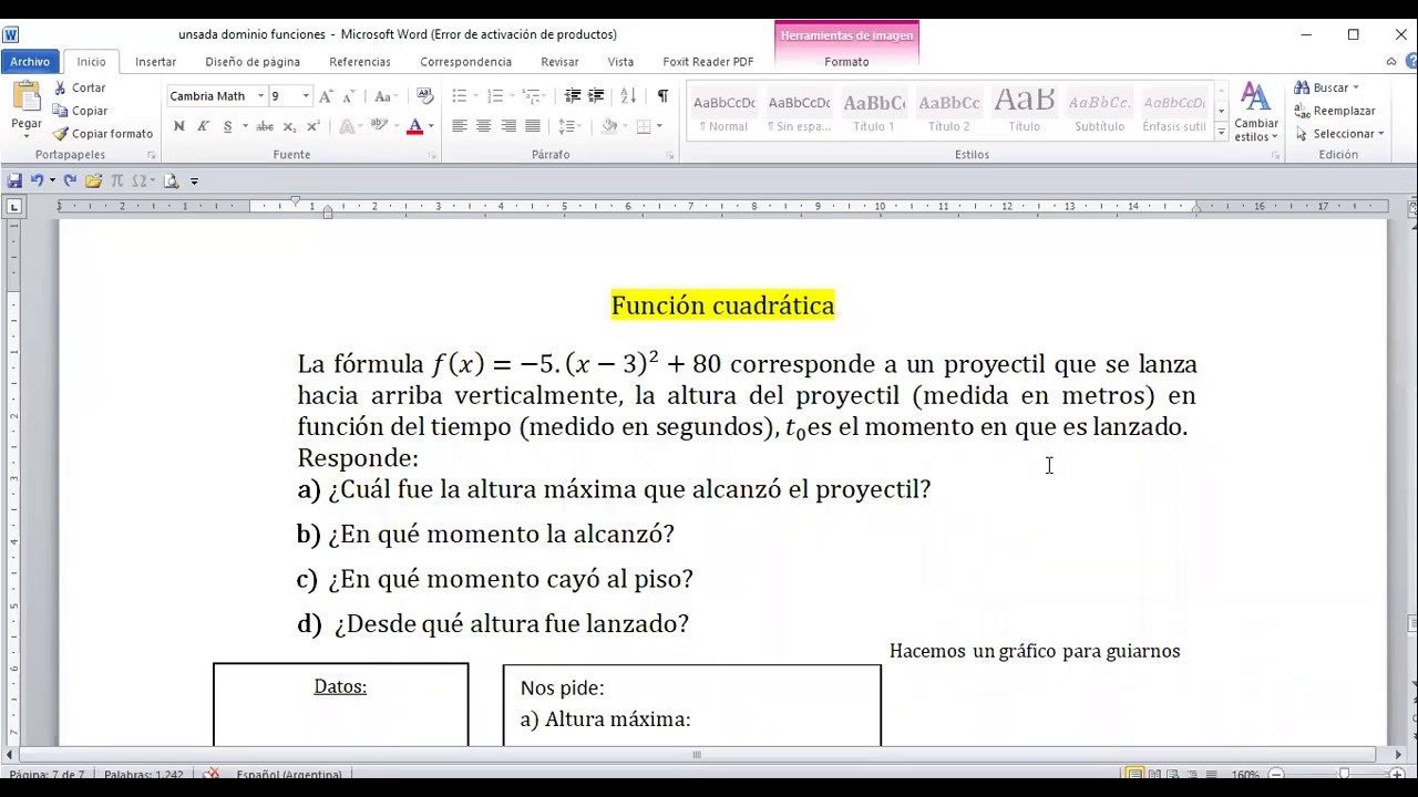 Situación problemática función cuadrática en forma canónica