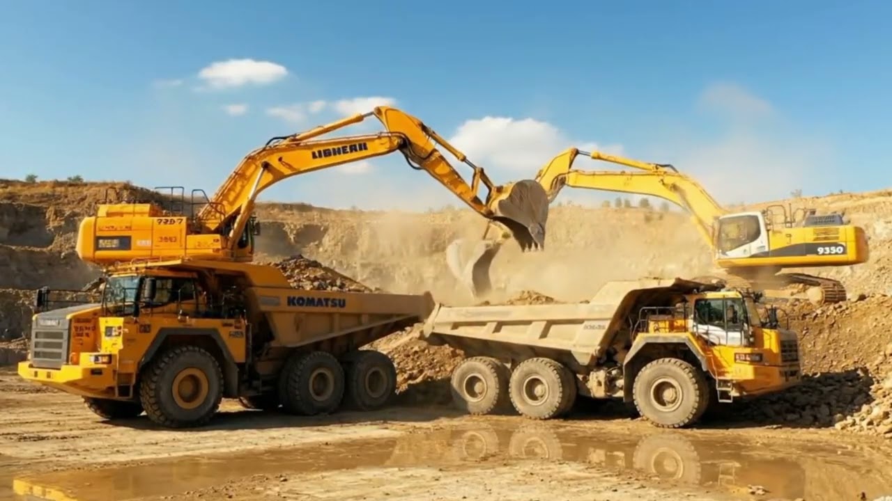 Liebherr R9350 Excavator in Action at Work with Komatsu HD785