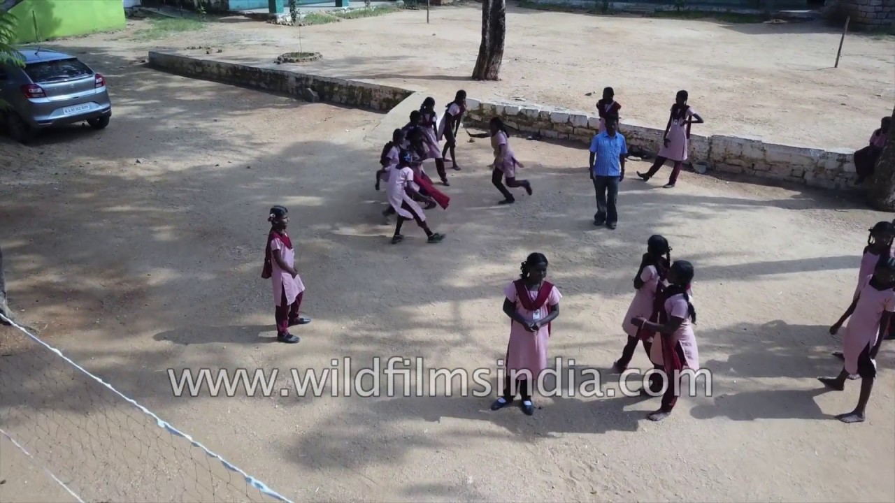 Going to School in Bagepalli, Chikballapur district in Karnataka: aerial view of students at play