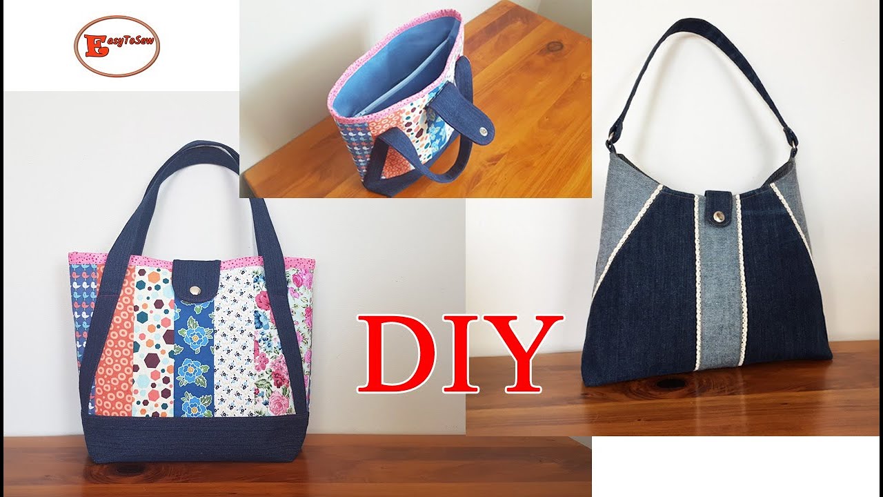 DIVIDER ZIPPER POCKET STRIPE PATCHWORK TOTE BAG | LACE AND UPCYCLED DENIM TOTE