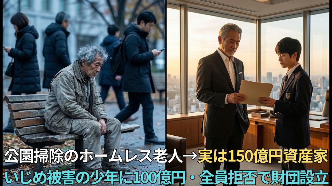 【号泣】公園掃除のホームレス老人が14歳いじめ被害者に100億円遺贈→全員拒否の理由
