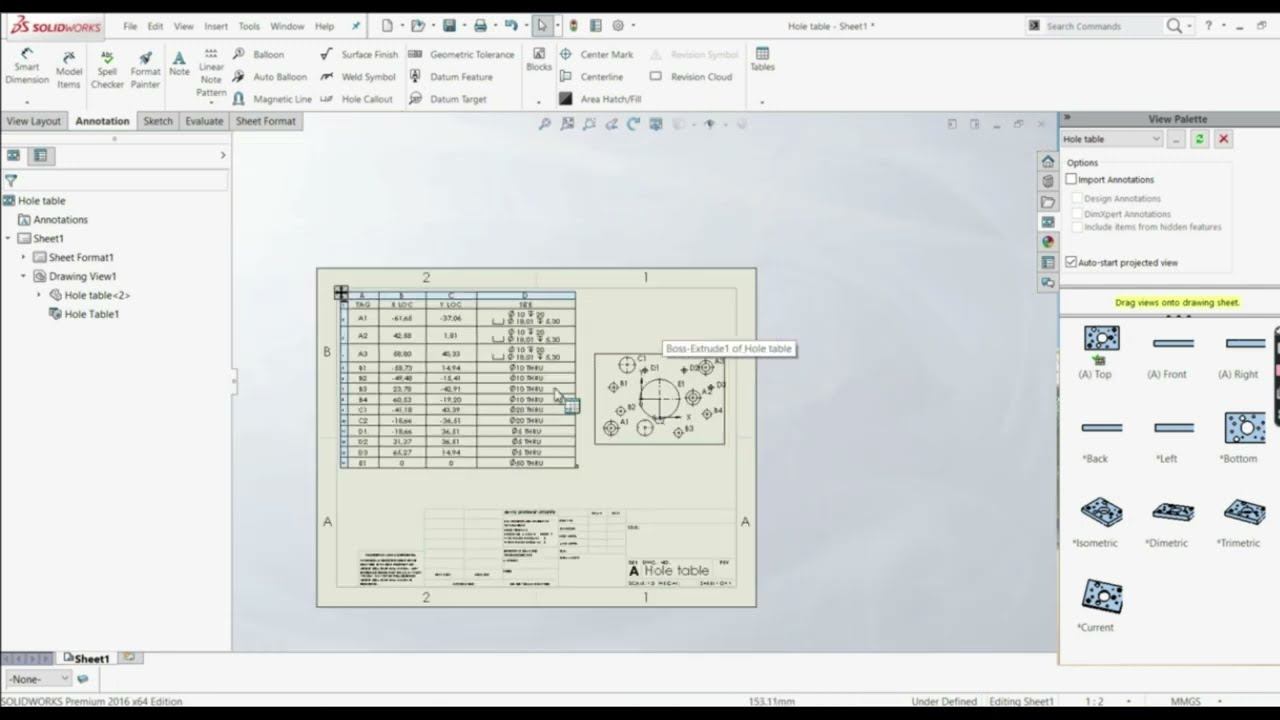 Solidwork Tutorial - Hole table