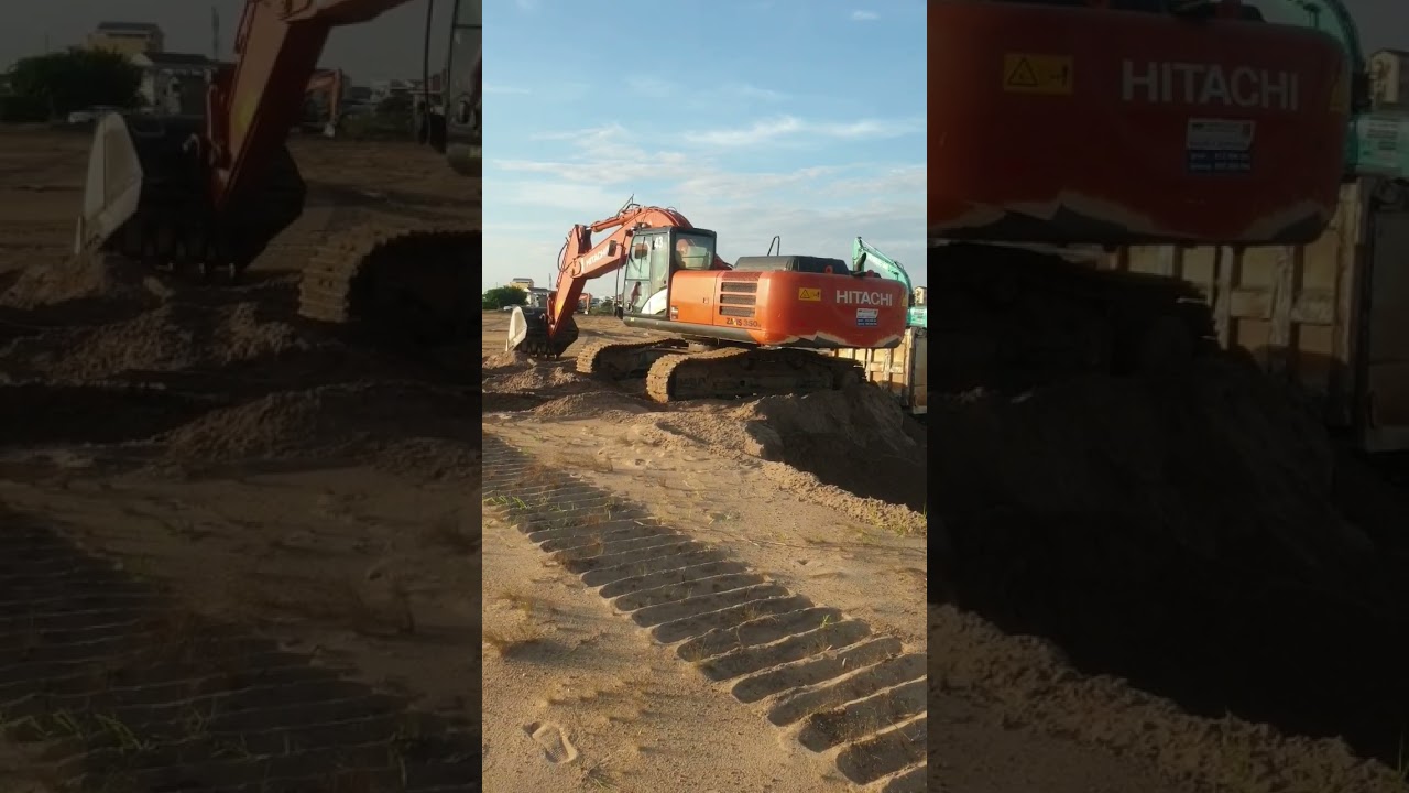 big excavator HITACHI ZAXIS 350 Loading sand on dump truck