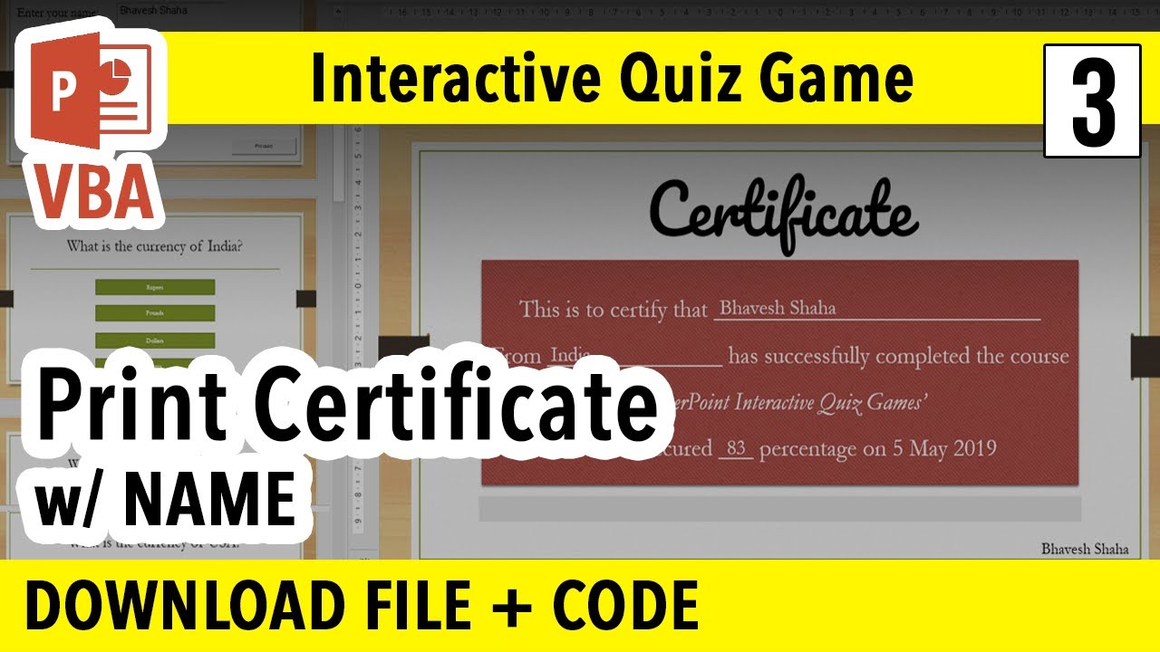 Print Certificate with student's NAME | Interactive Quiz Game: PPT VBA Macro Tutorial